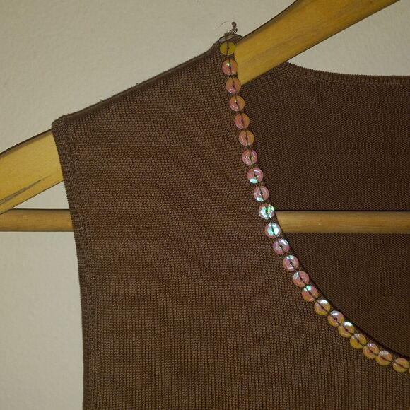 Colour Works Brown Tank-Medium-100% Silk-Sequined Yoke-3D Ribbon Floral - Picture 4 of 8